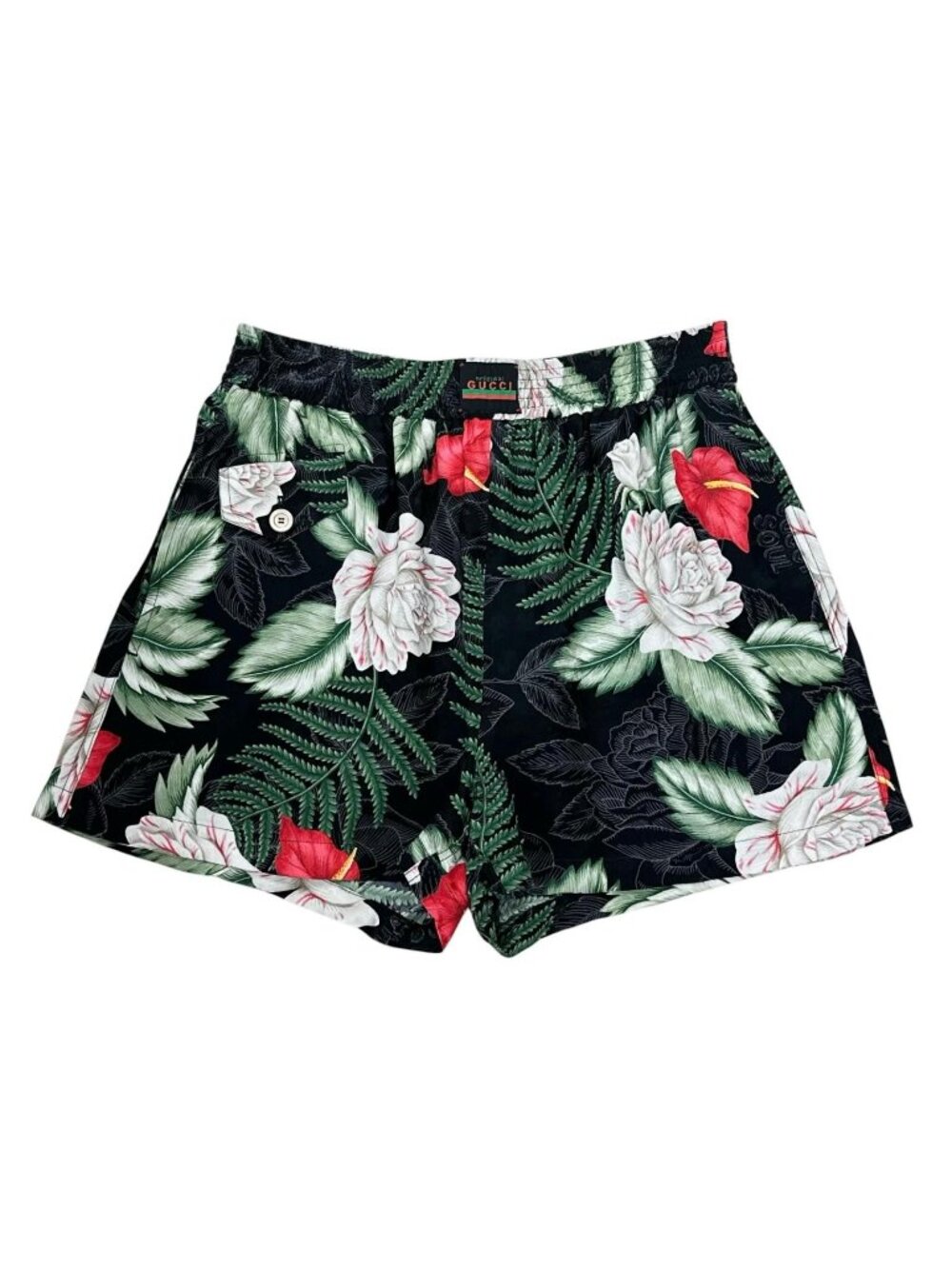 Gucci Silk 100% Logo Button Hawaiian Print Shorts Green 38
